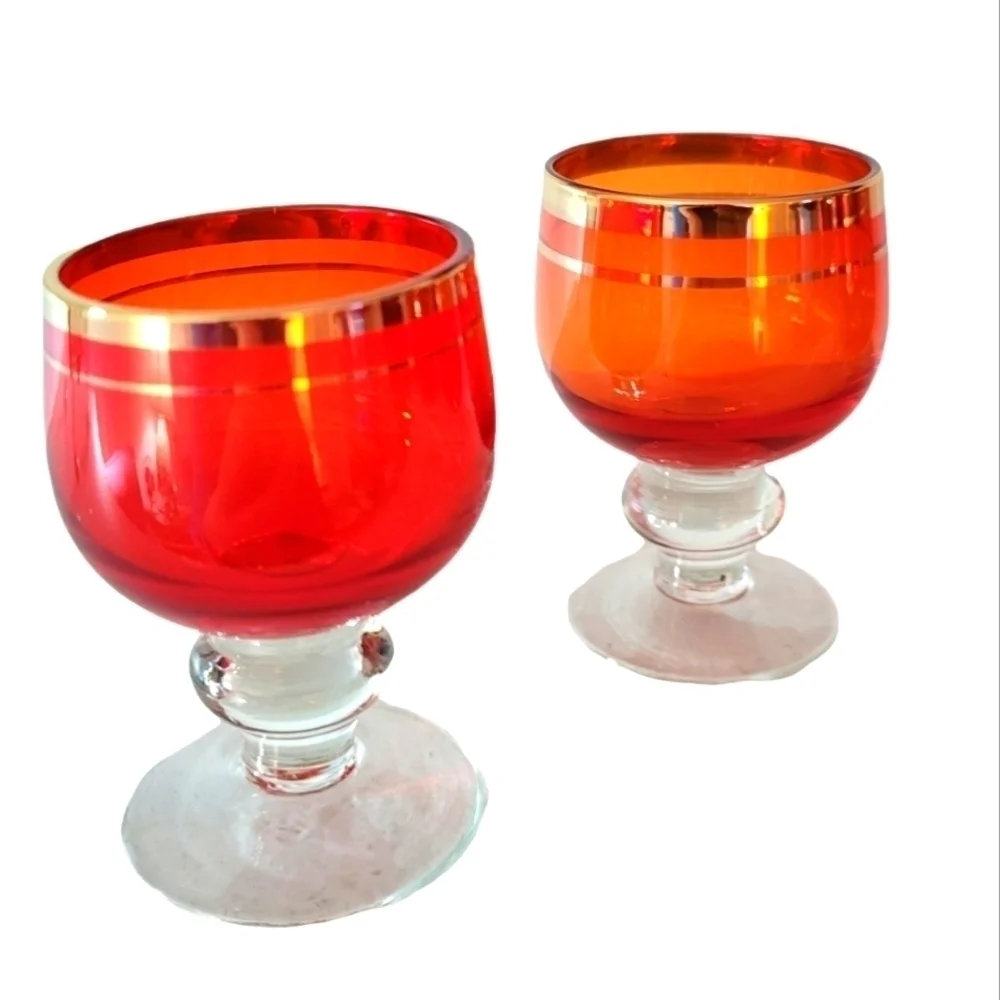 4 mini red goblets, retro barware vibe